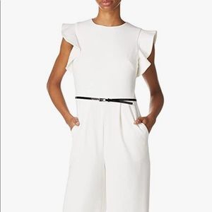 NWT Calvin Klein Ruffle Cap Sleeve Belted Jumpsuit